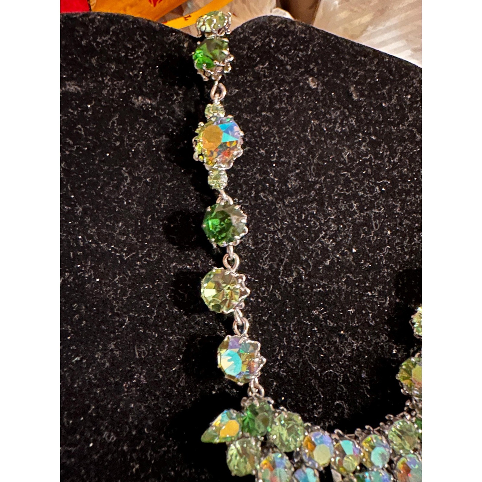 1950’s Austrian Crystal Rhinestone Statement Necklace Green AB Schoffel