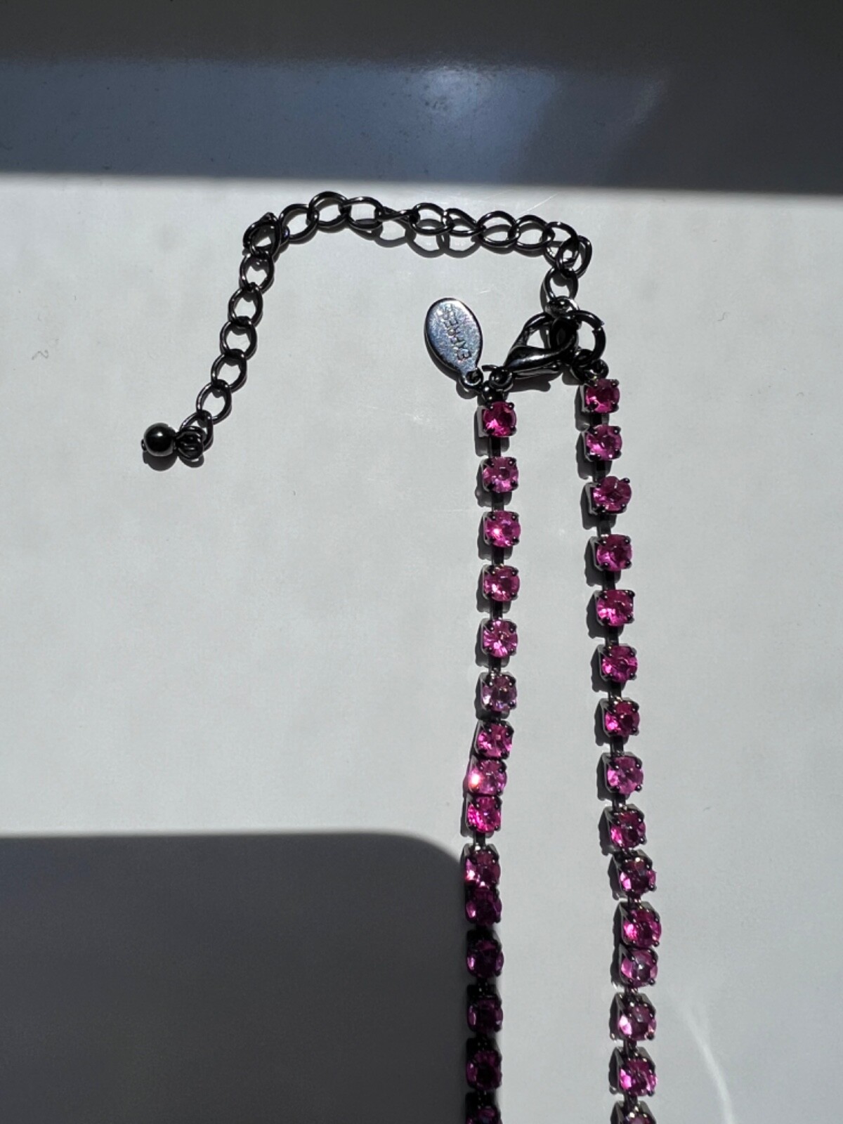 Vintage pink rhinestone gunmetal fringe necklace 90s 00s adjustable 14.5-18 in