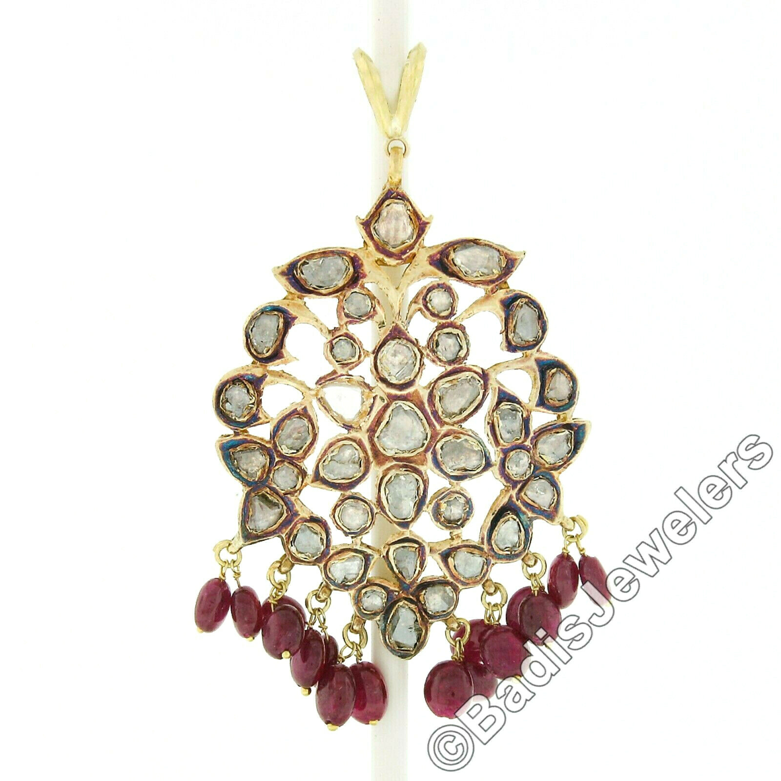 Vintage 18K Gold Rose Cut Diamond w/ Bead Ruby Drop Dangle Earring & Pendant Set