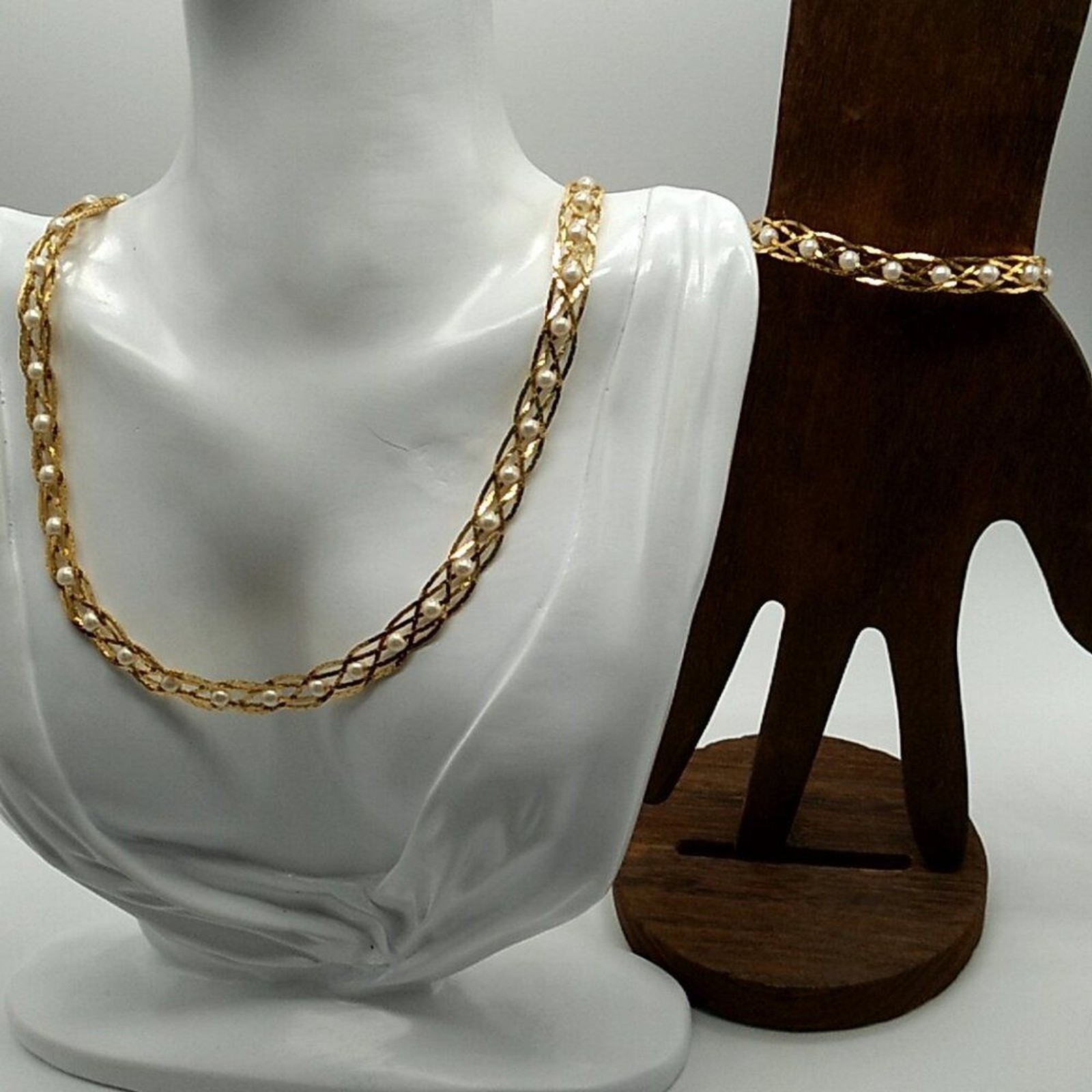 Vintage Avon Convertible Gold-tone Braided Pearl Necklace-Bracelet Silver Plated