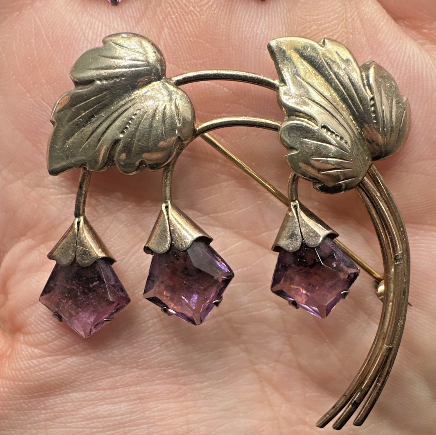 Vtg Sterling Silver Gold Vermeil Purple Rhinestone Flower Brooch & Earrings Set