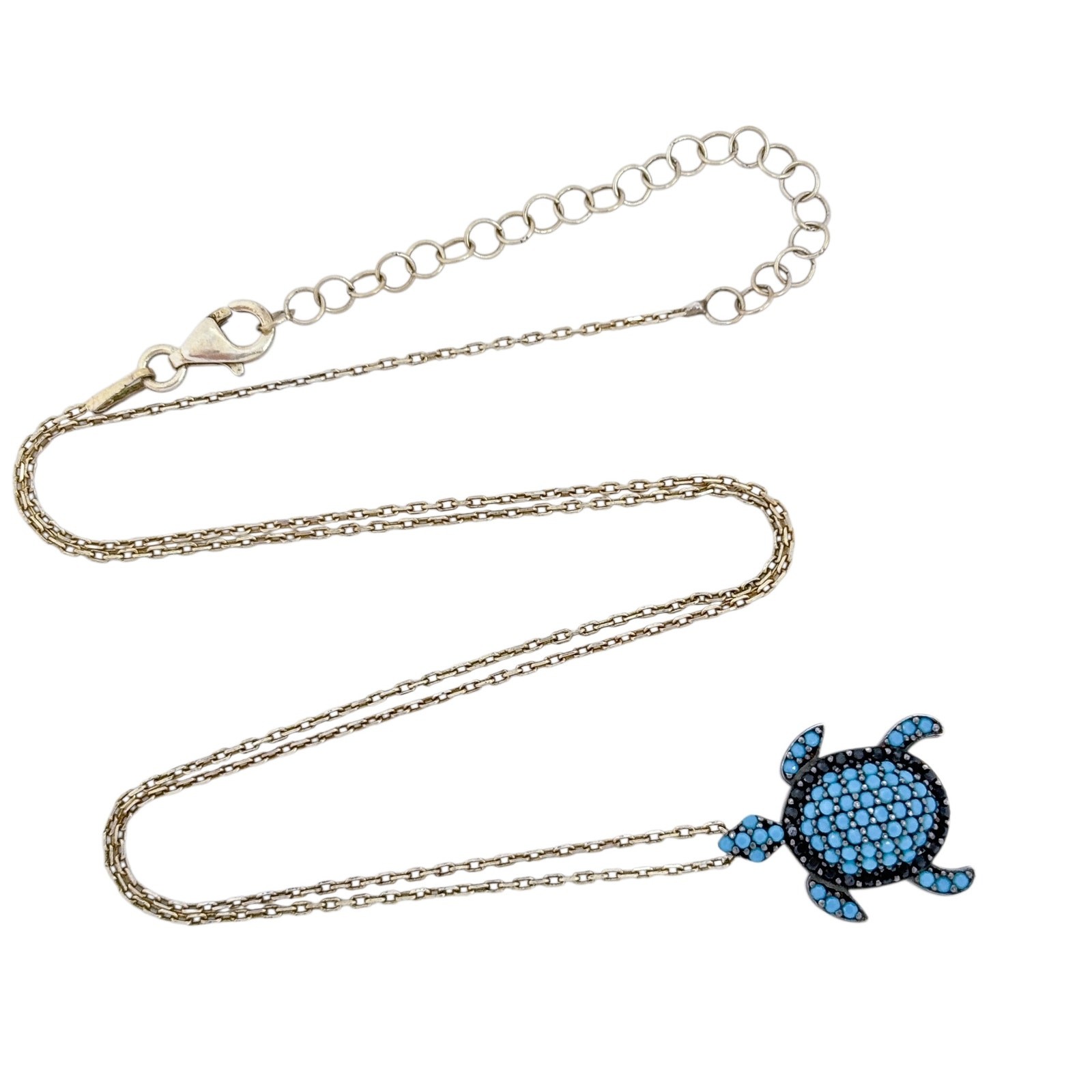 Vintage Gold-Tone Sterling Silver 925 Blue Black Crystal Turtle Necklace 16″-18″