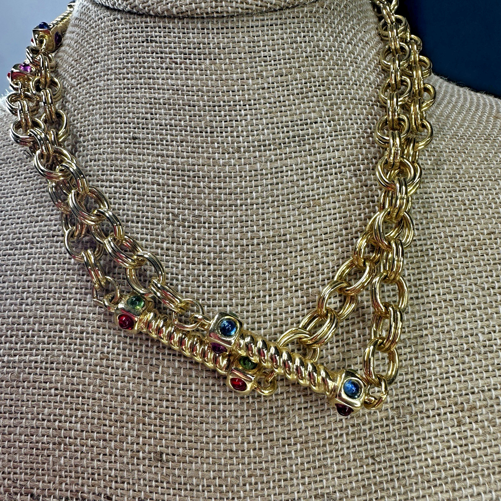 Vintage Necklace Station Bar Goldtone Chain Cabochon Colorful Royal Style 34 in