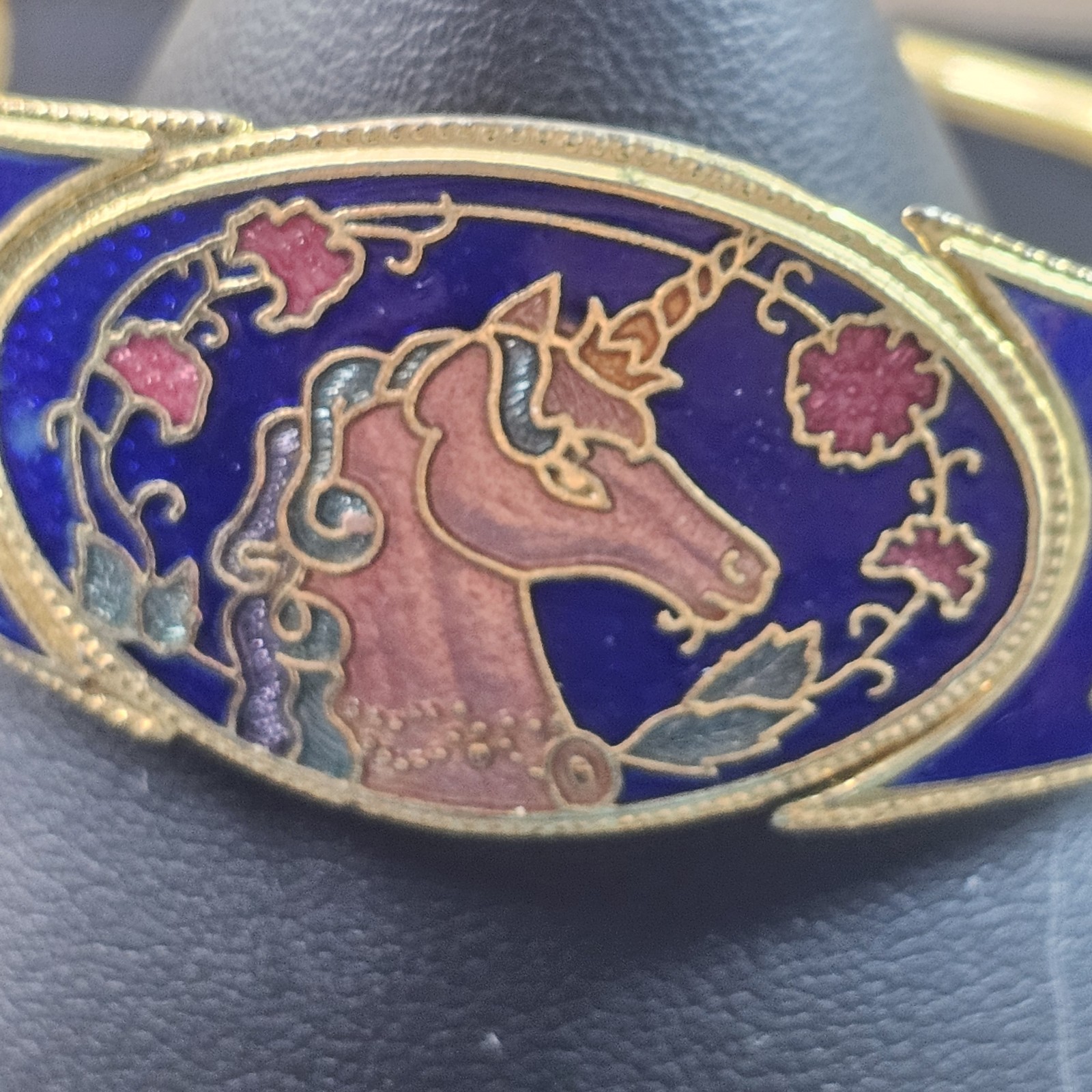 Vintage Unicorn Cloisonne Enamel Cuff Bracelet Gold Tone Clamper Hinged/Butterfl