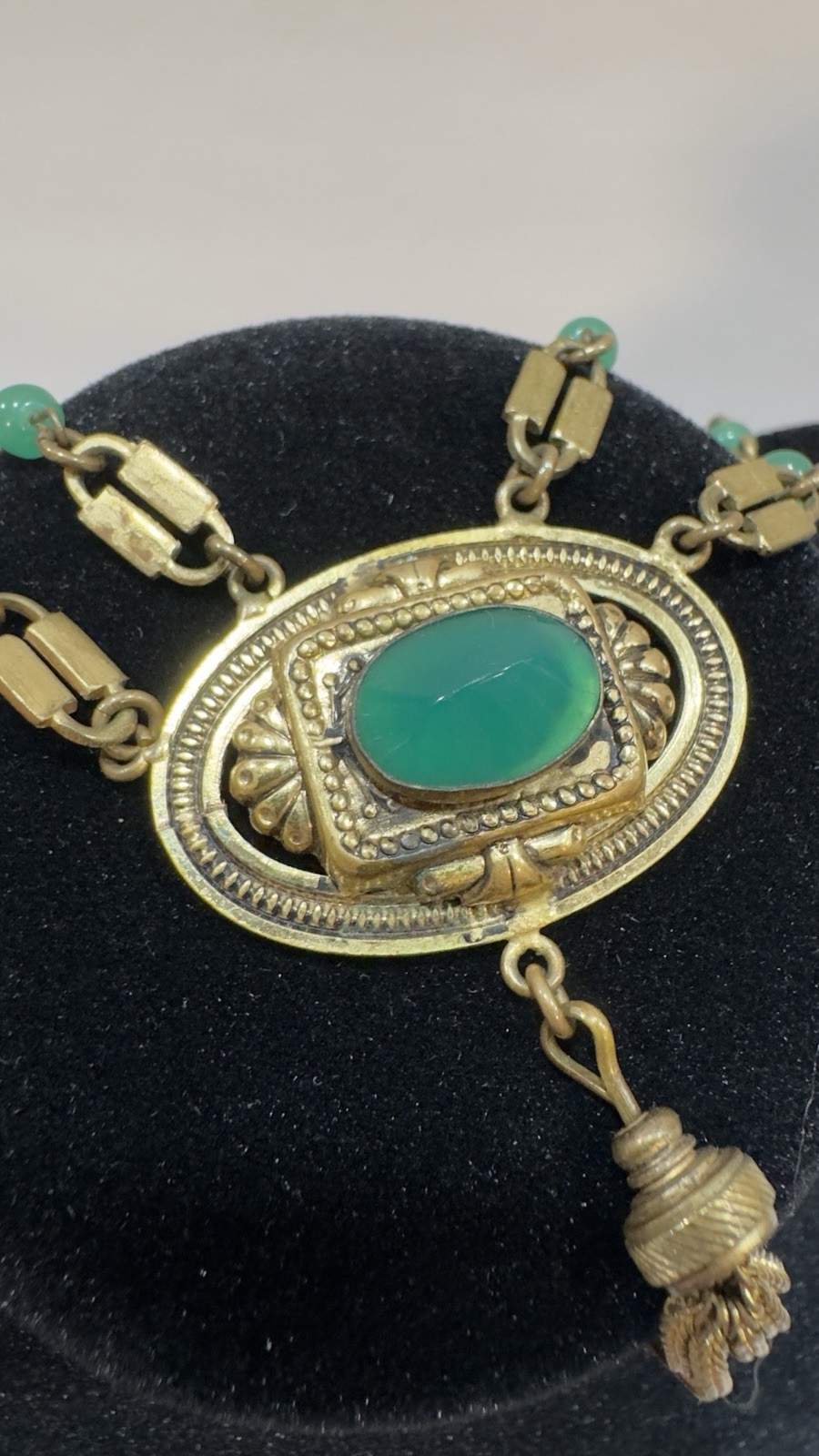 Antique Victorian Revival Green Chrysoprase Glass & Tassel Necklace Czech