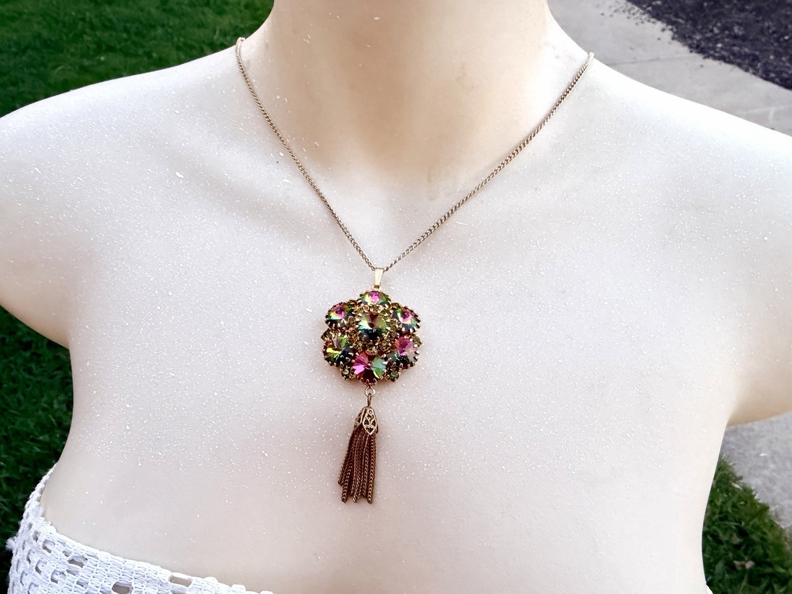 Vtg Juliana Watermelon Heliotrope Rivoli Tassel Pendant Necklace