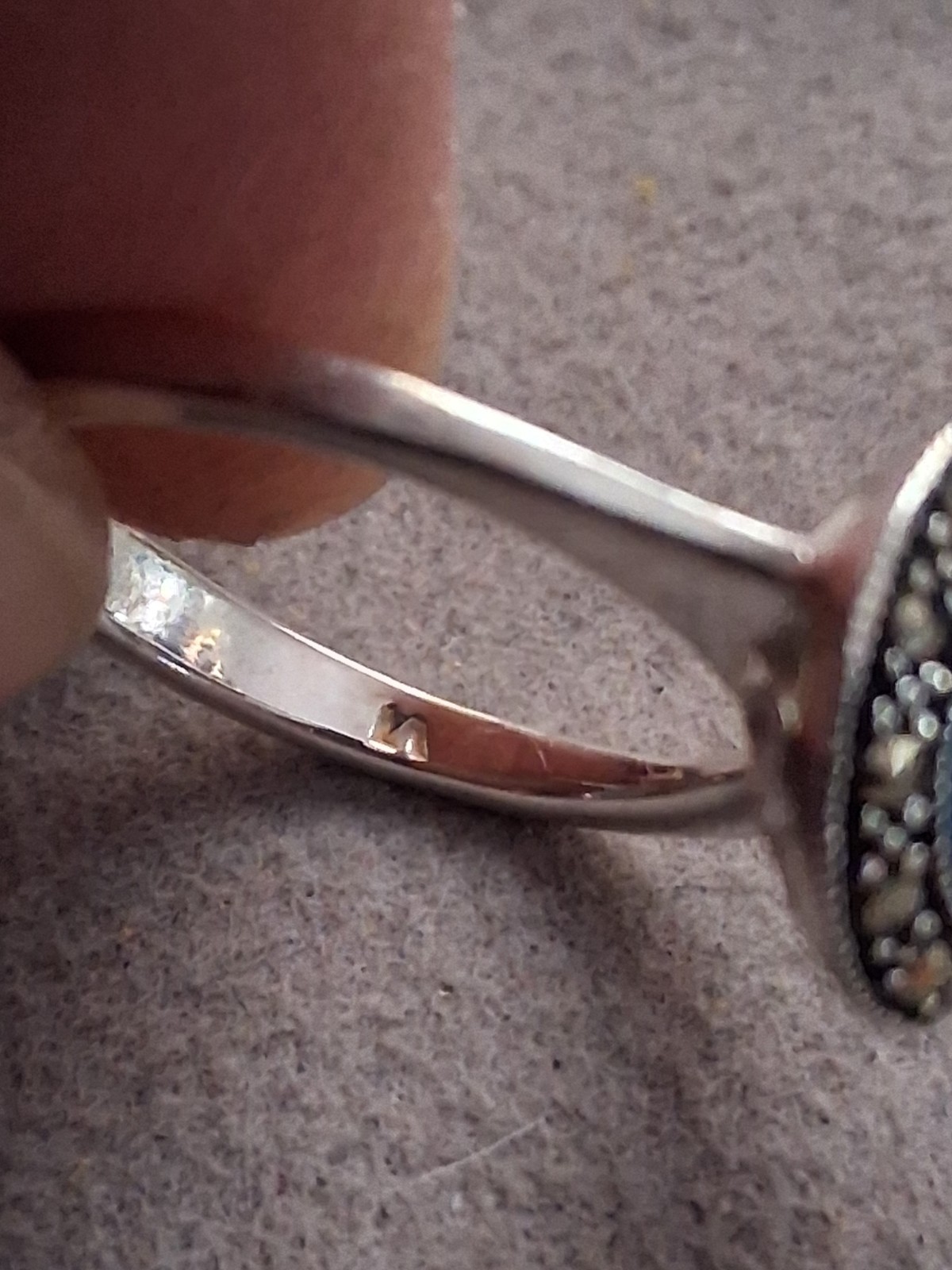 Blue faceted & marcasite halo ring, silverplated, round setting, SZ 6.75