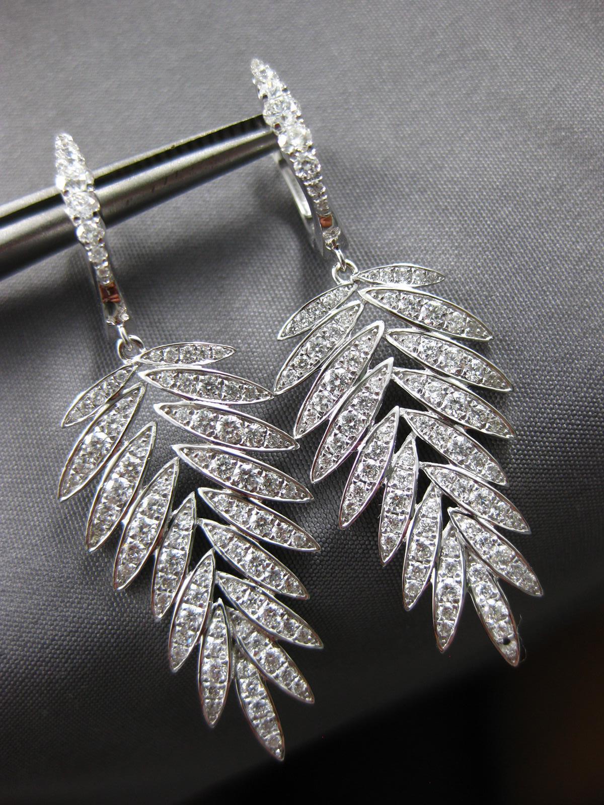 LARGE 1.52CT DIAMOND 18KT WHITE GOLD 3D ROUND MULTI LEAF HUGGIE HANGING EARRINGS