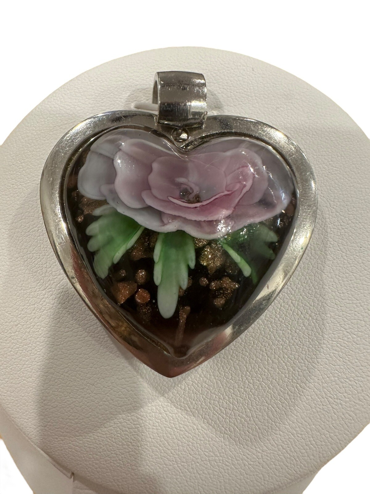Metal Heart With Lucite Leaf and Flower Encased With Glitter Accent Pendant