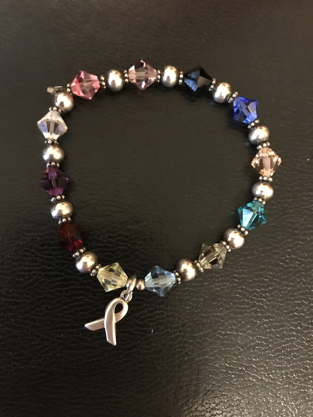 SIGNED STC Sterling Silver Crystal Breast Cancer Bracelet Expanding