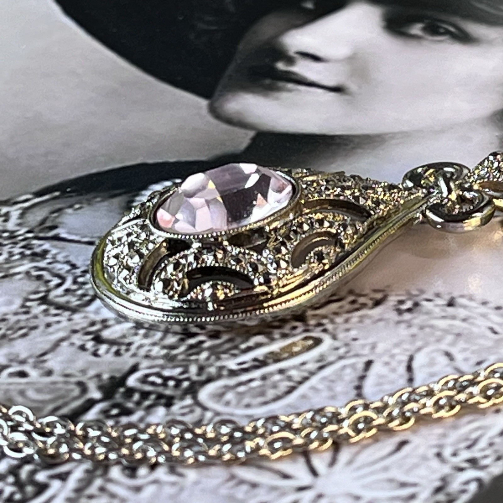 Vintage Silvertone Filigree Teardrop Pendant Necklace – Lavender Glass – 24”
