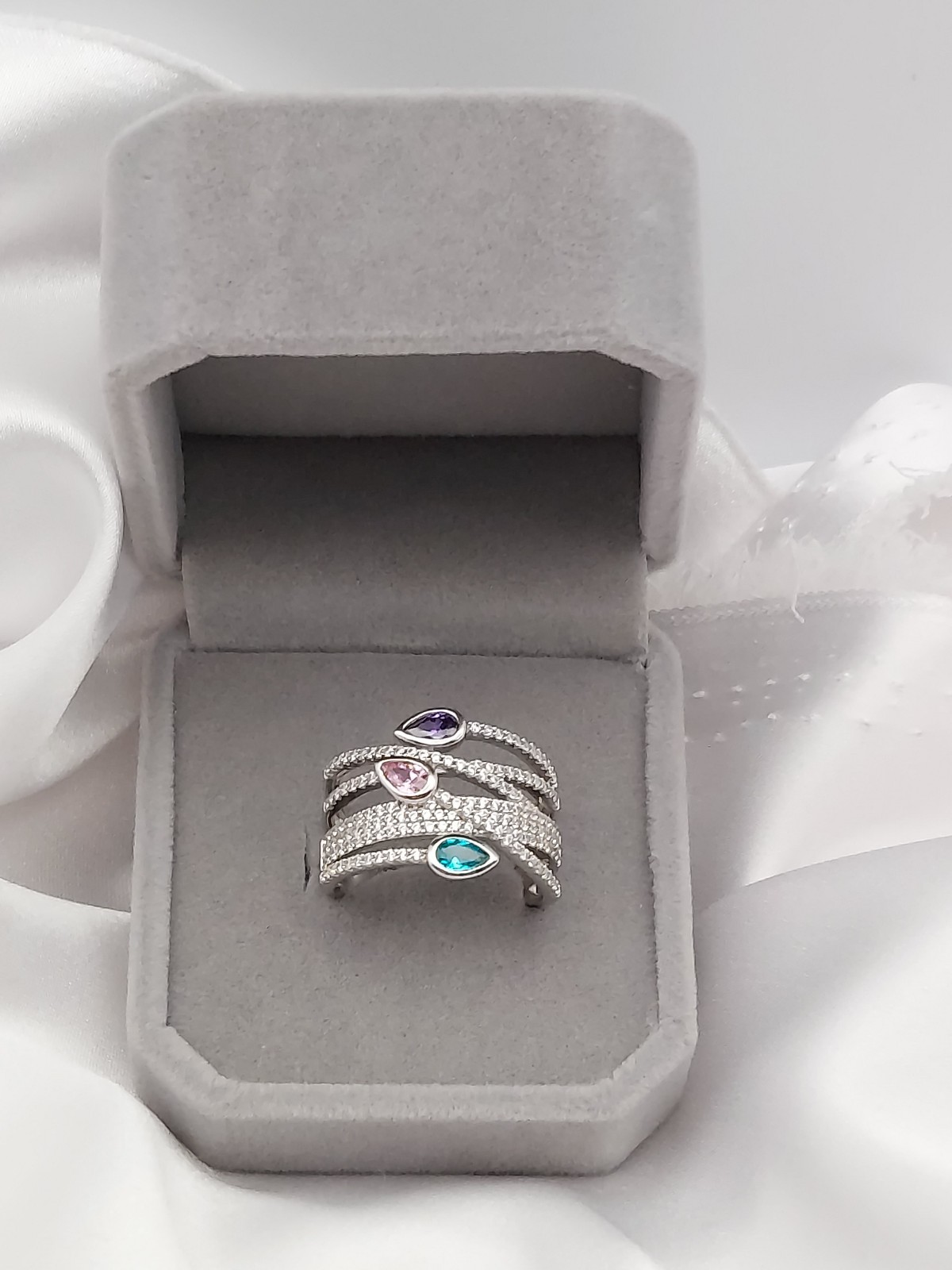 Vintage PJM 6Band Sterling Crystal Muti Color Pear Cut Gemstones Ring 5.9Gr Sz8