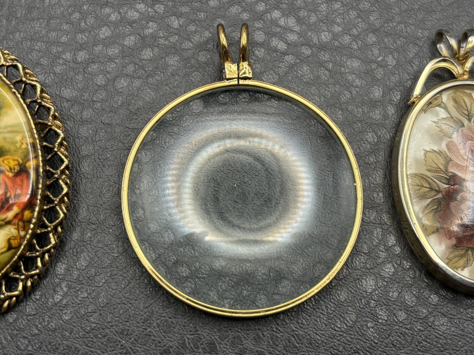 Vintage Lot Of 3 Pendants Gold Tone Floral Cameo Portrait Scene Magnifying Glass