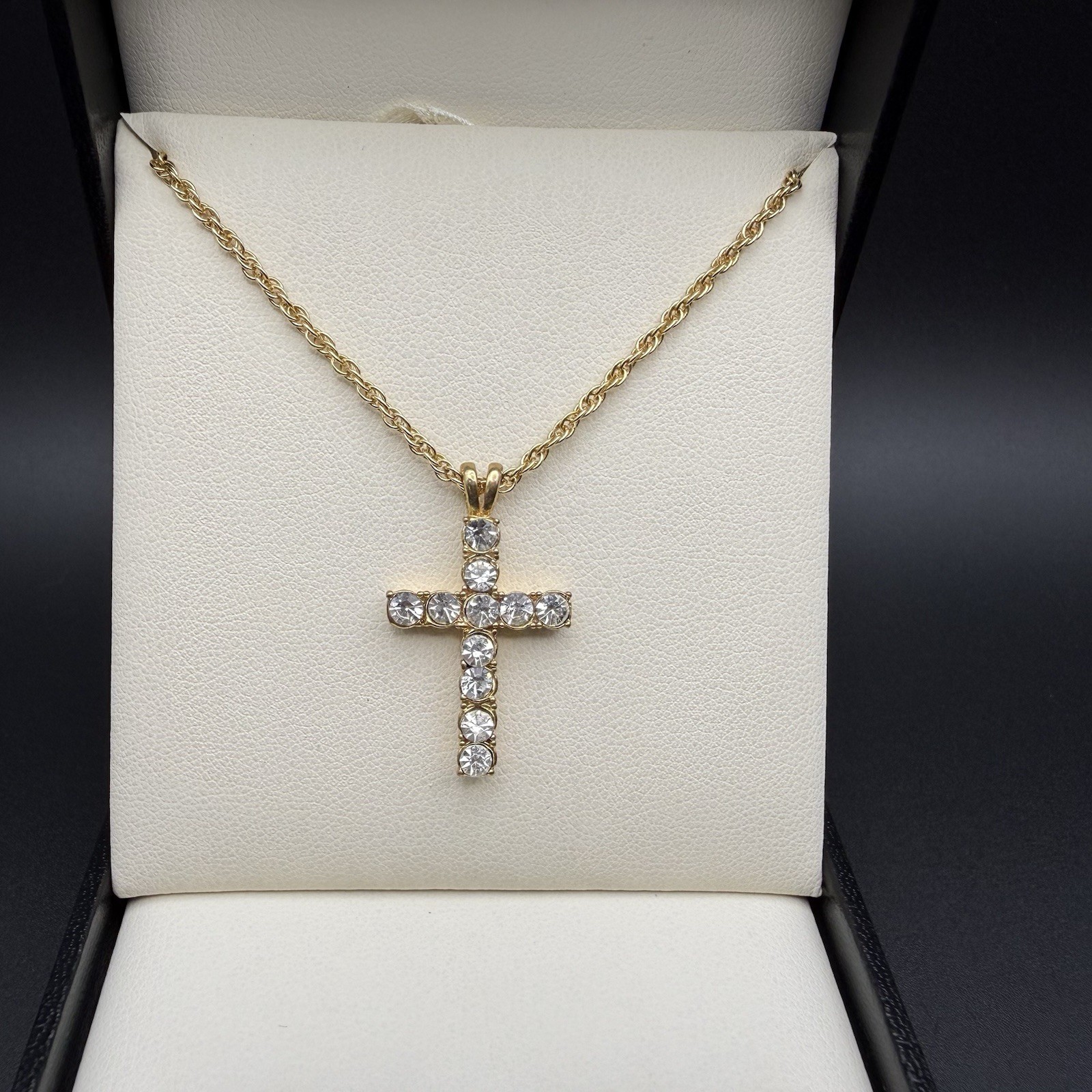 Vintage Gold Tone Cross Pendant Round Crystal Rhinestone Necklace Christian Gift