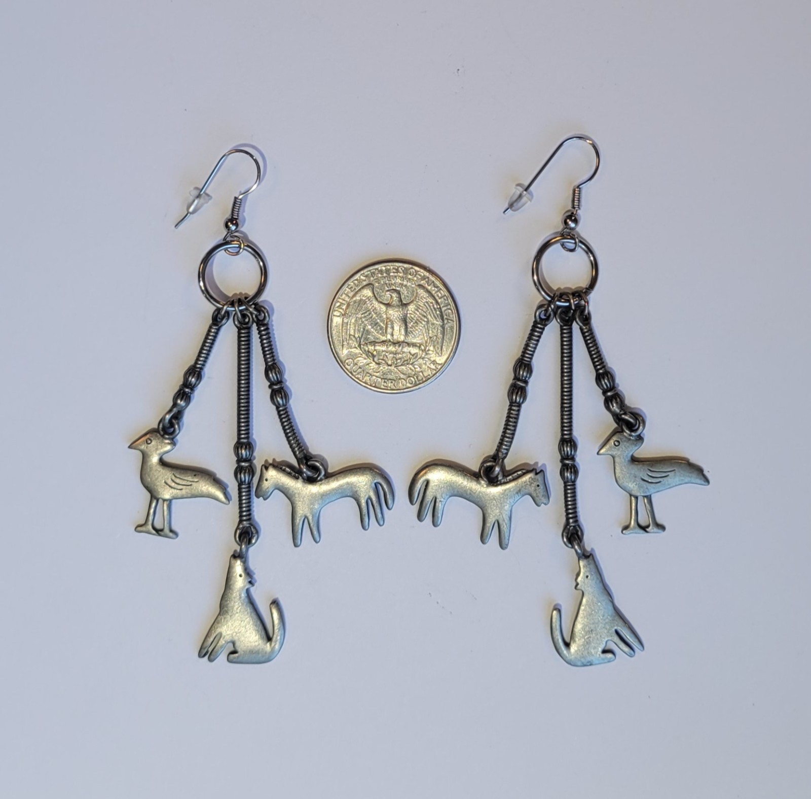 Southwestern Pewter Dangle Earrings Roadrunner Horse Coyote Or Wolf Vintage