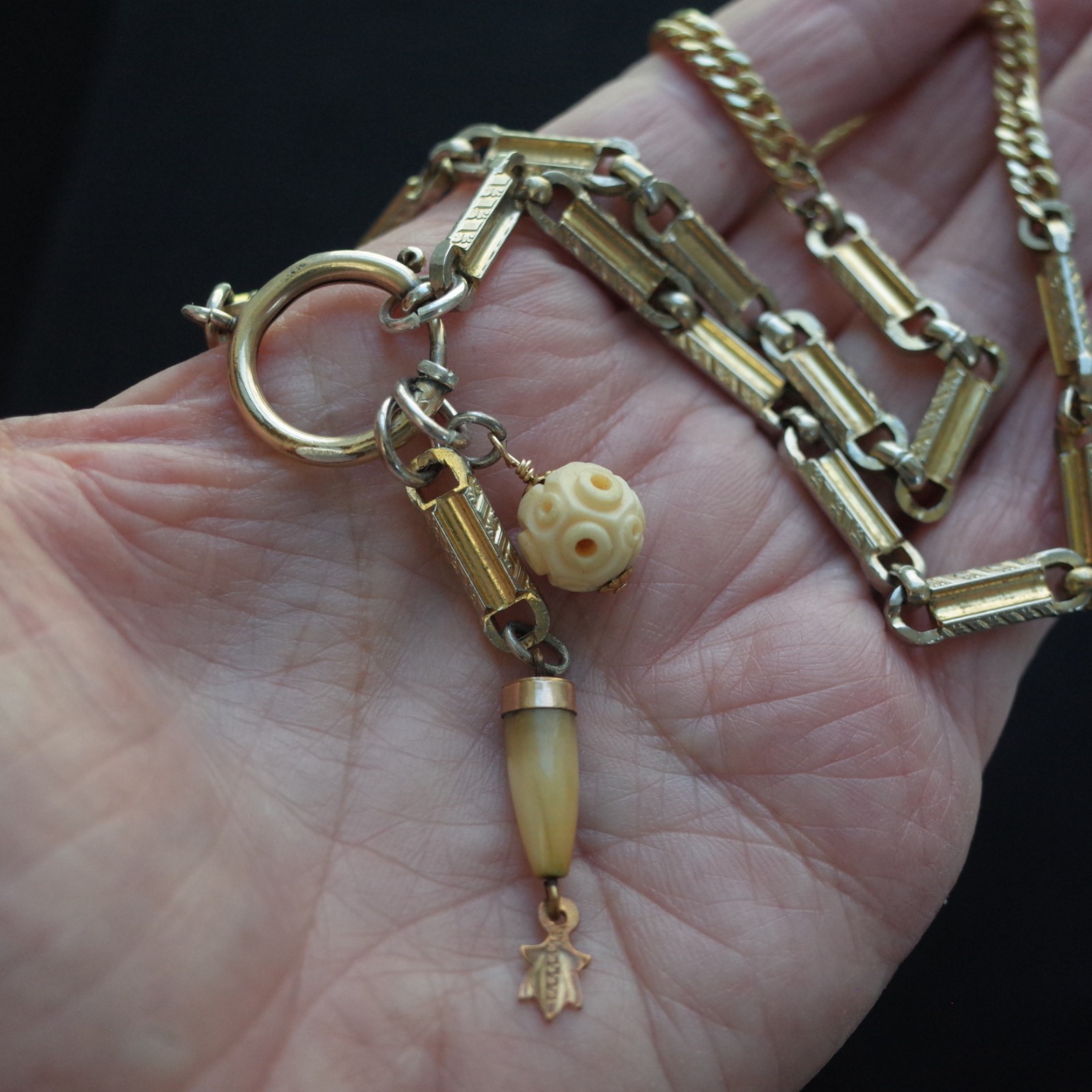 Antique Tooth Fob & Carved Bead Necklace 2 Tone Silver Gold Bar Link Watch Chain