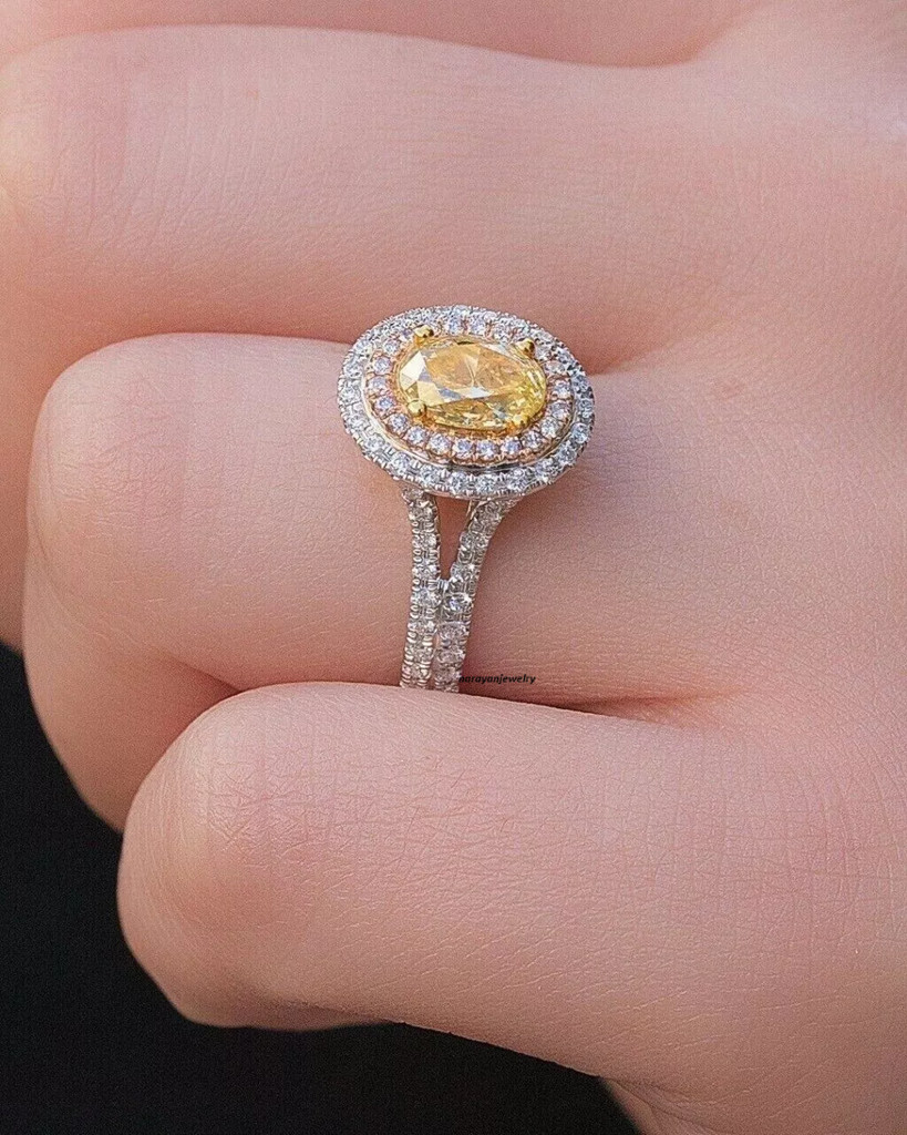 2.50 CT Oval Cut yellow Citrine & CZ Halo Wedding & Engagement Ring 925 Silver.