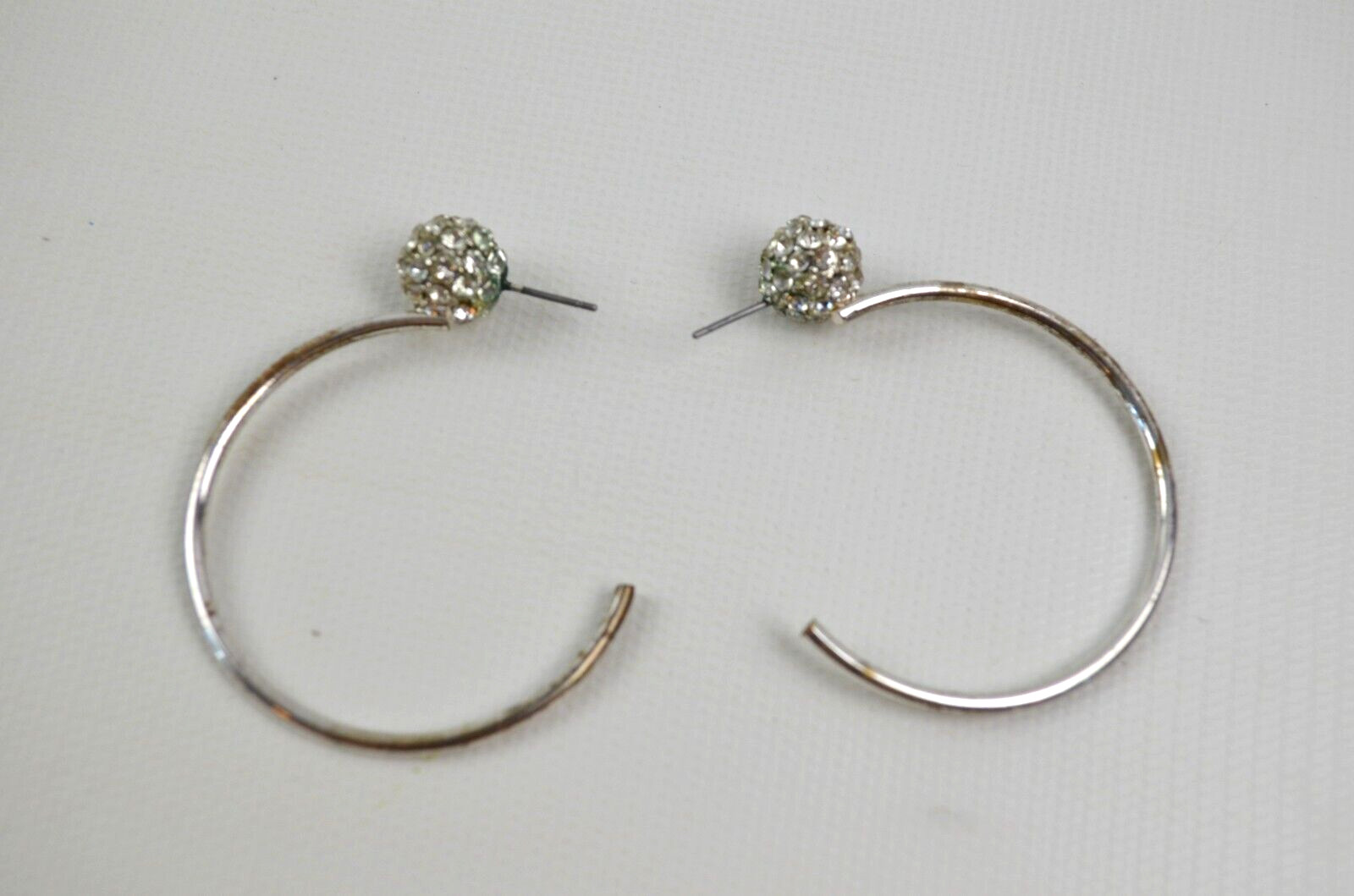 Silver Tone Hoop Pierced Earrings w/ Clear Rhinestoned Sphere 1 .75″ Across