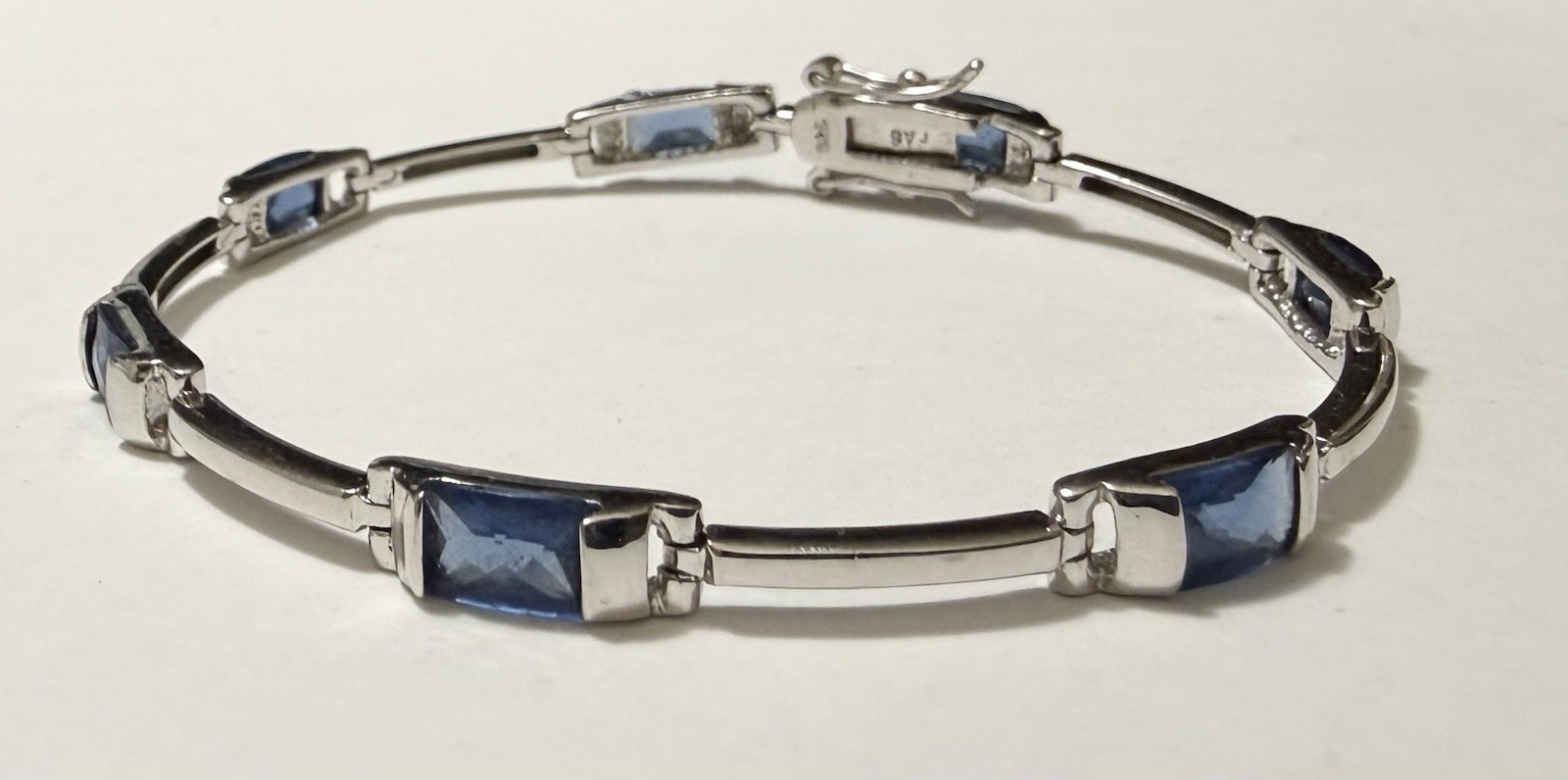 Vintage FAS Sterling Silver Blue Faceted Stone Station Bar Link Bracelet 7”, 10g