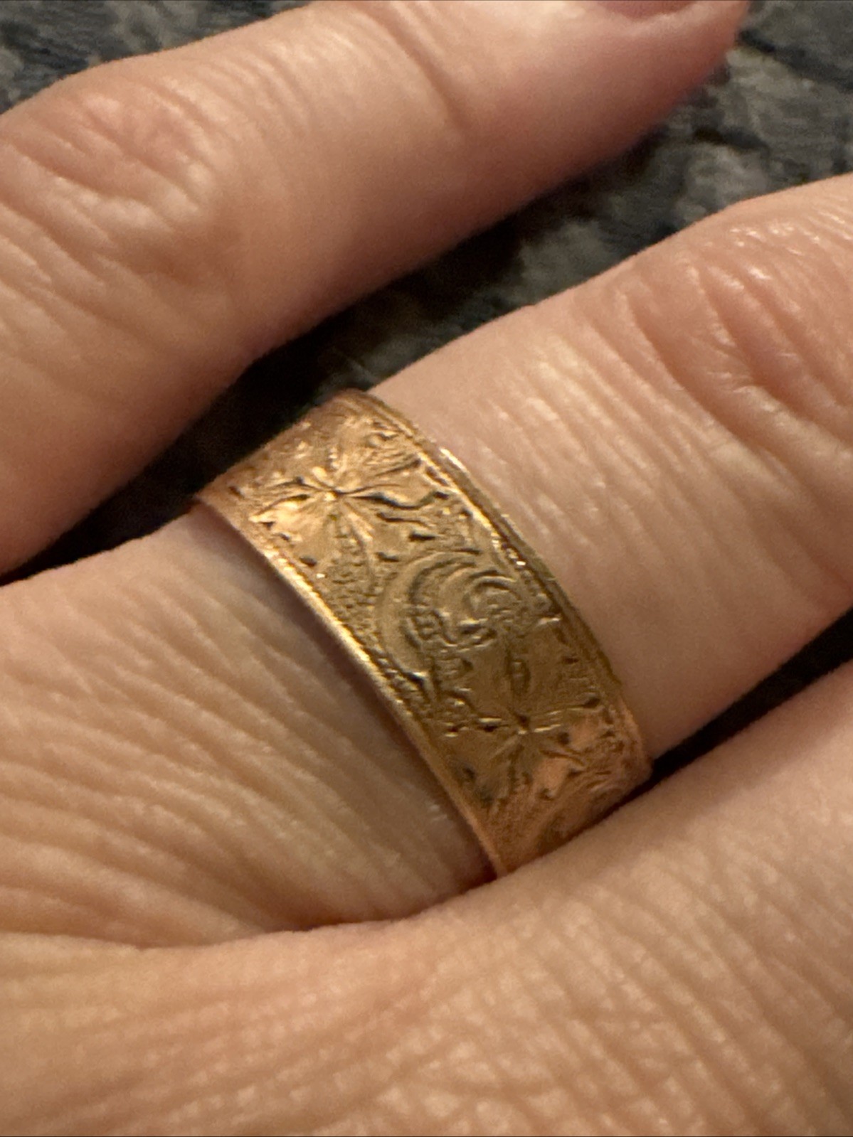 Antique Gold Band-Floral Design-Tested Low Carat-1.7 grams-Size 7 1/2