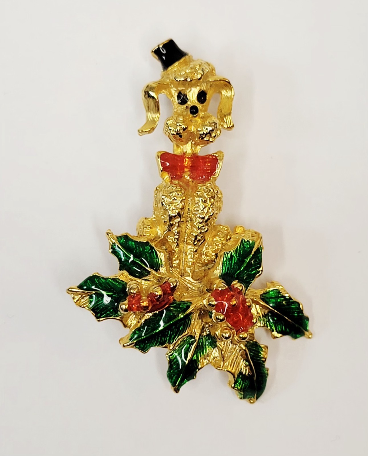 Vintage 1950’s Gold-Tone Christmas Poddle Brooch With Enamel Approximately 2″