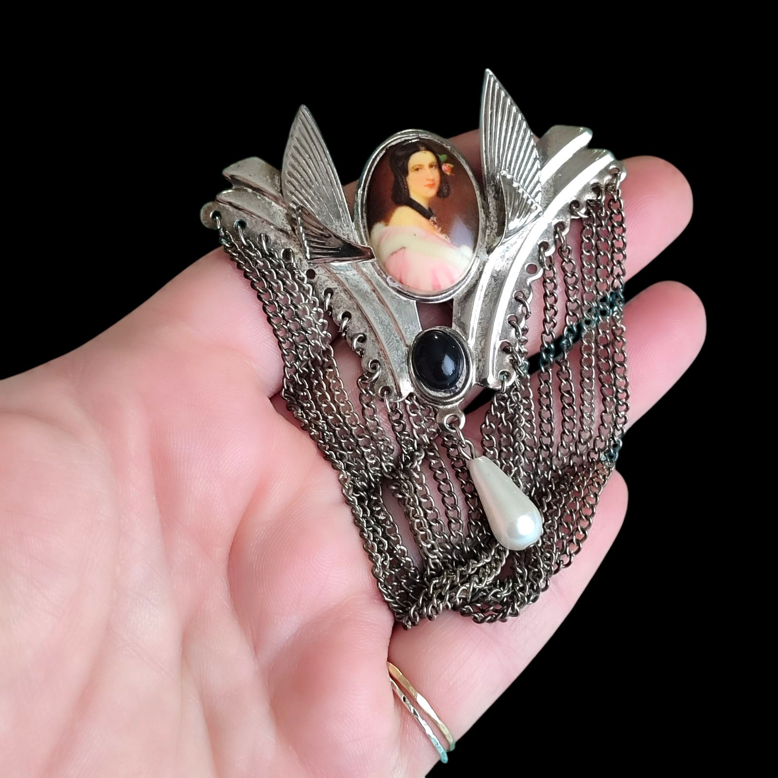 Art Deco Revival Style Porcelain Portrait Silver Tone Plate Brooch Pin