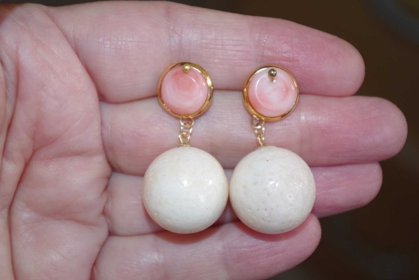 ANTIQUE 14K GF ANGEL SKIN CORAL BALL 17.5 MM CORAL JACKET DROP EARRINGS JACKETS