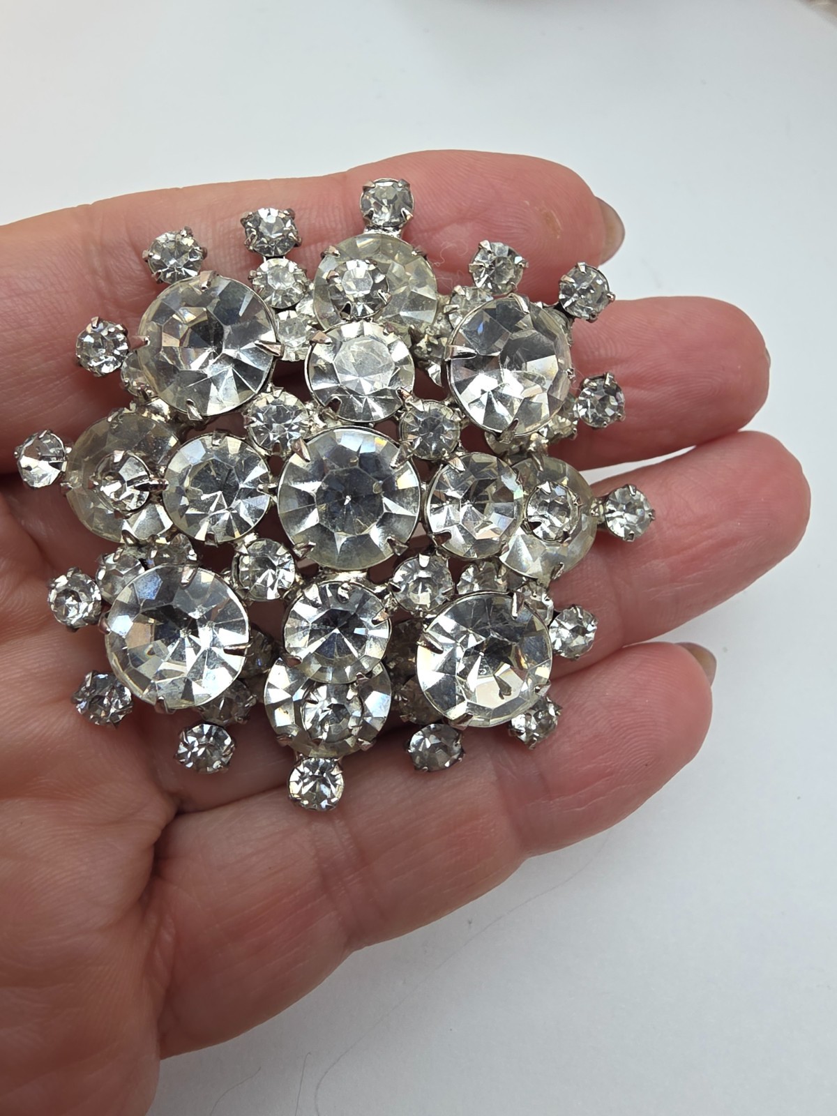 Amazing Large Clear Prong Set Layered Silver Tone Metal Snowflake Brooch Vintage