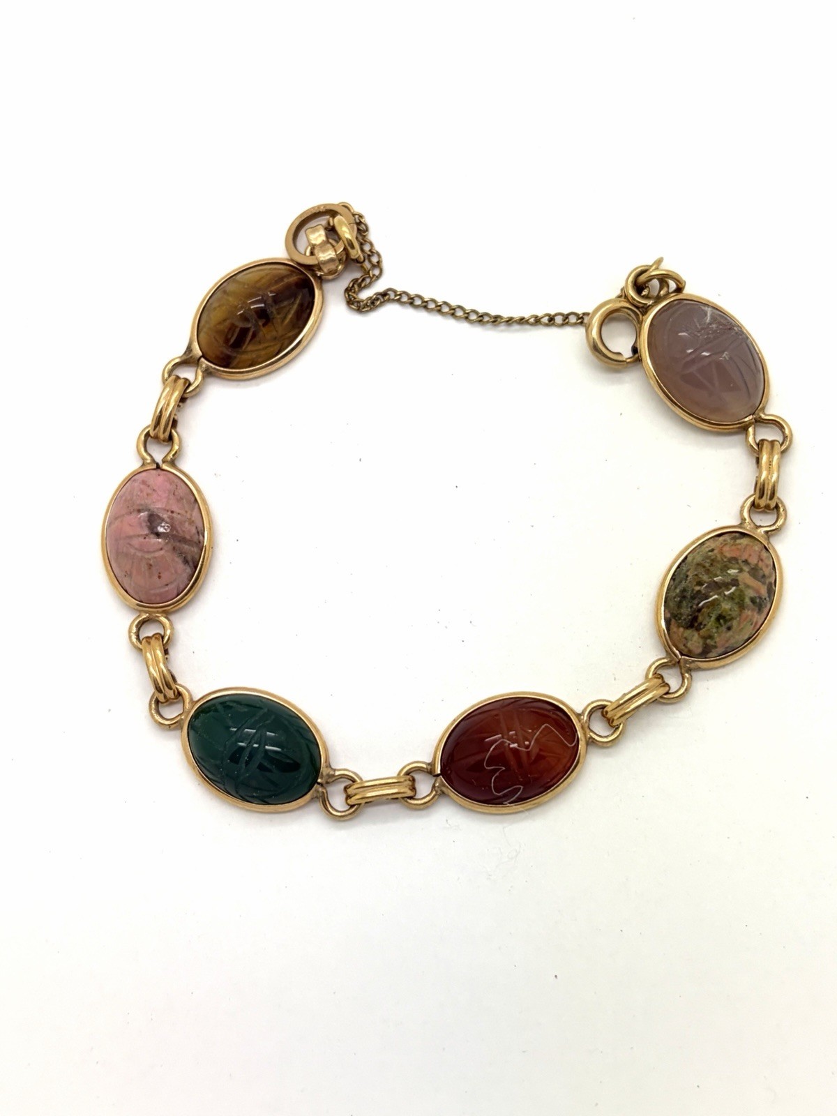 Vintage Bojar 1/20 12k G.F. 7” Scarab Gemstone Bracelet Bloodstone Carnelian