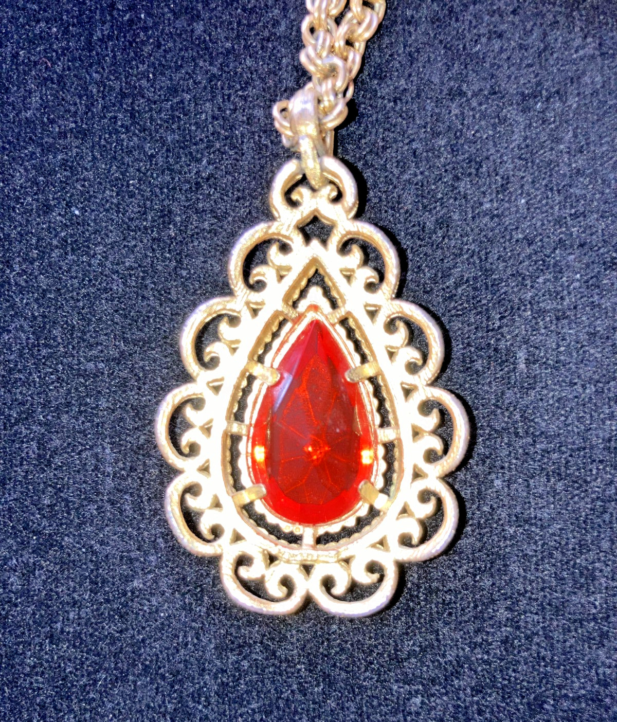 Vintage Granada AVON Teardrop Necklace-Lg Red/Orange Stone-Gold Tone Dubl Chain