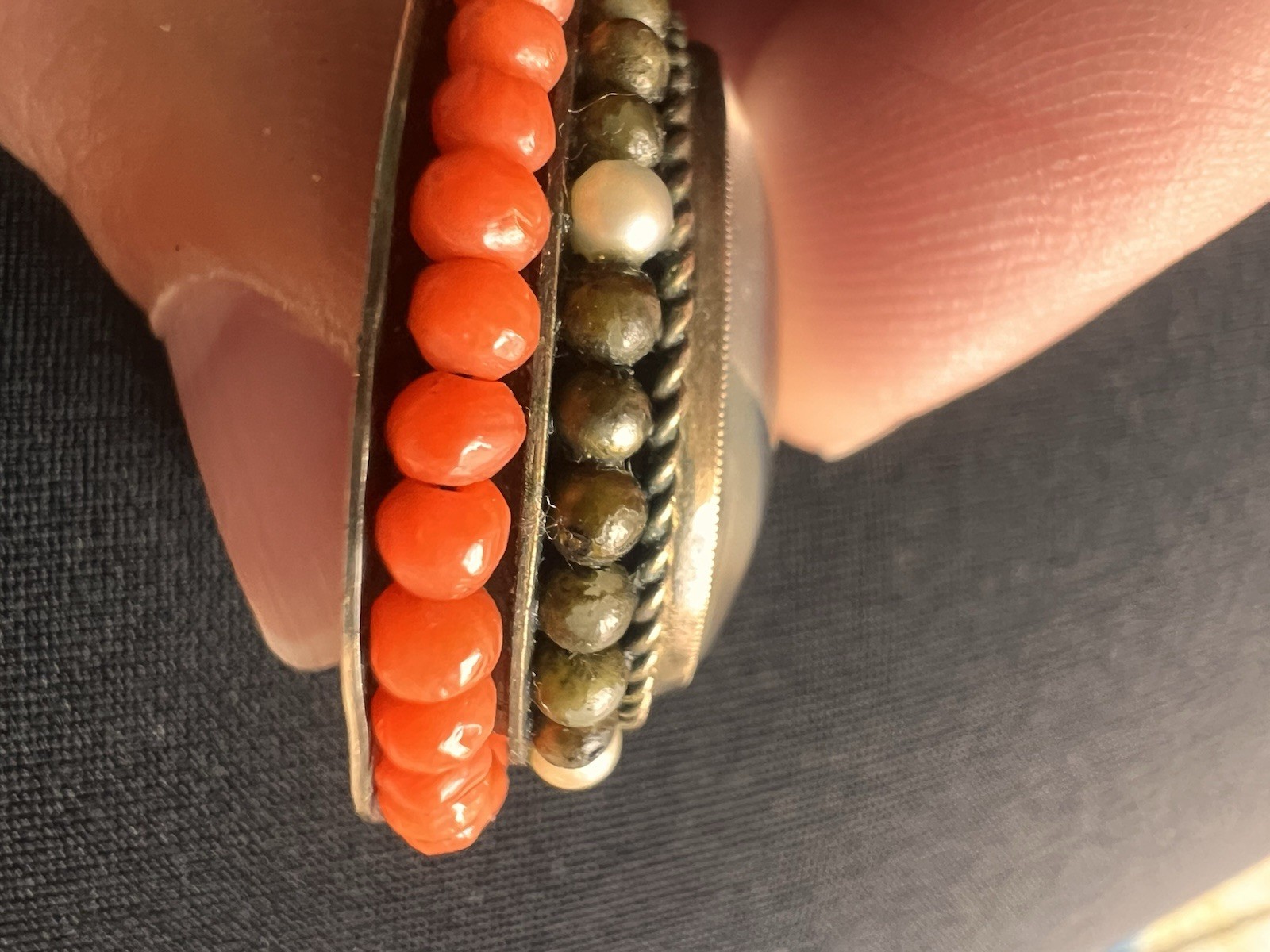 Antique Yellow Gold + Silver Coral Seed Pearls Hand Painted Portrait Pendant