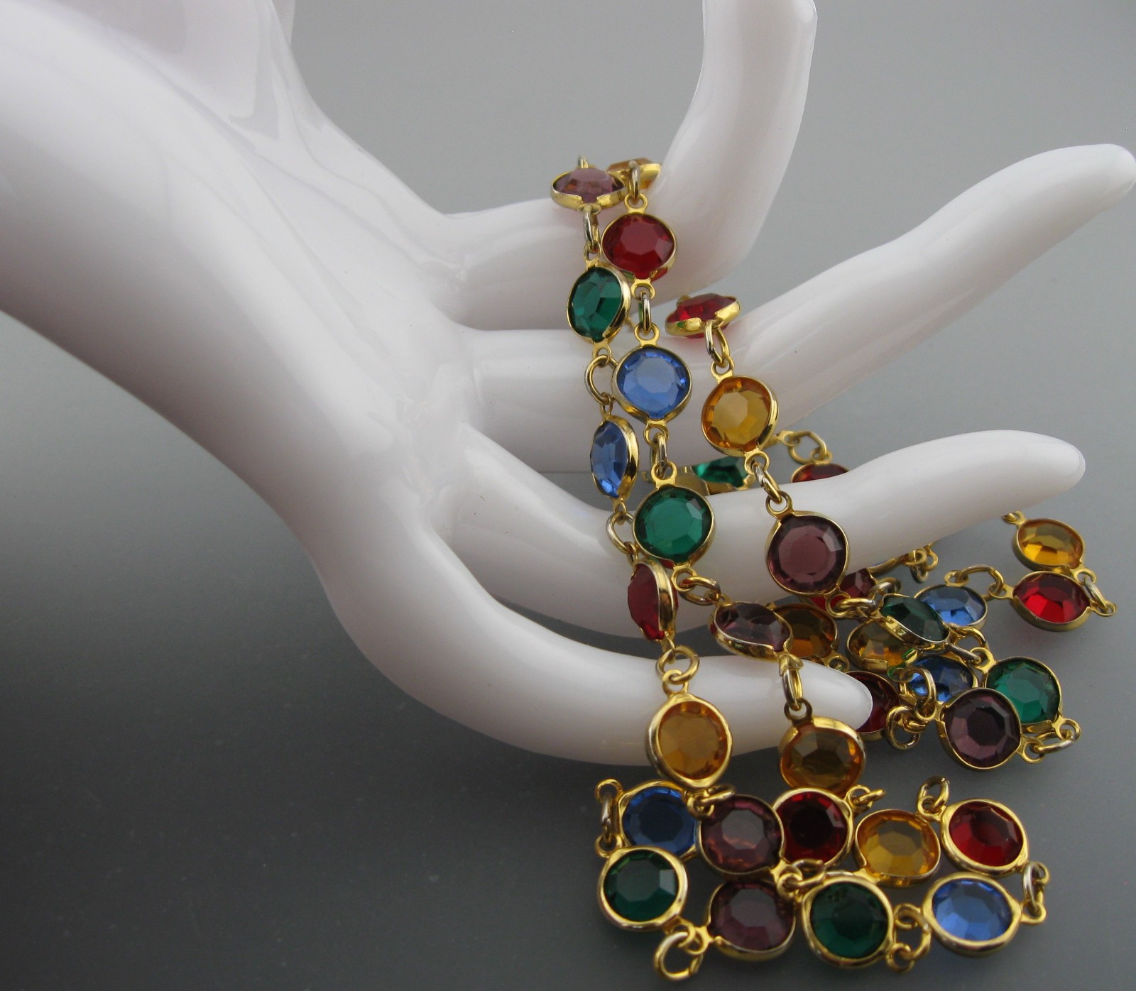 Vintage Austrian Bezel Set Crystal Multi Color Long Gold Tone Necklace 36″