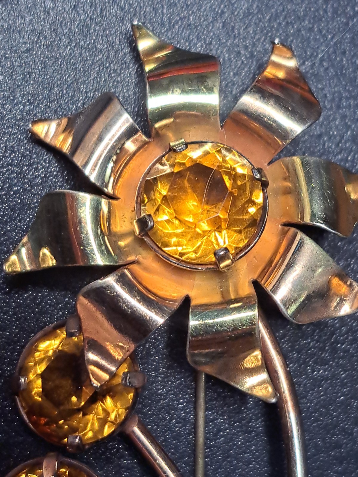 Huge 4″ Sterling Silver Gold Wash Flower Brooch Pin Amber Citrine Glass 16 Grams