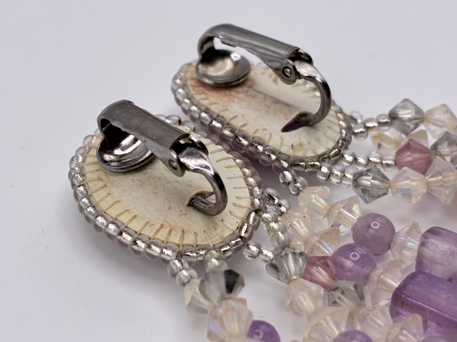 Elegant Classy Vintage Chipita Amethyst Stone Aurora Borealis Bead Clip Earrings