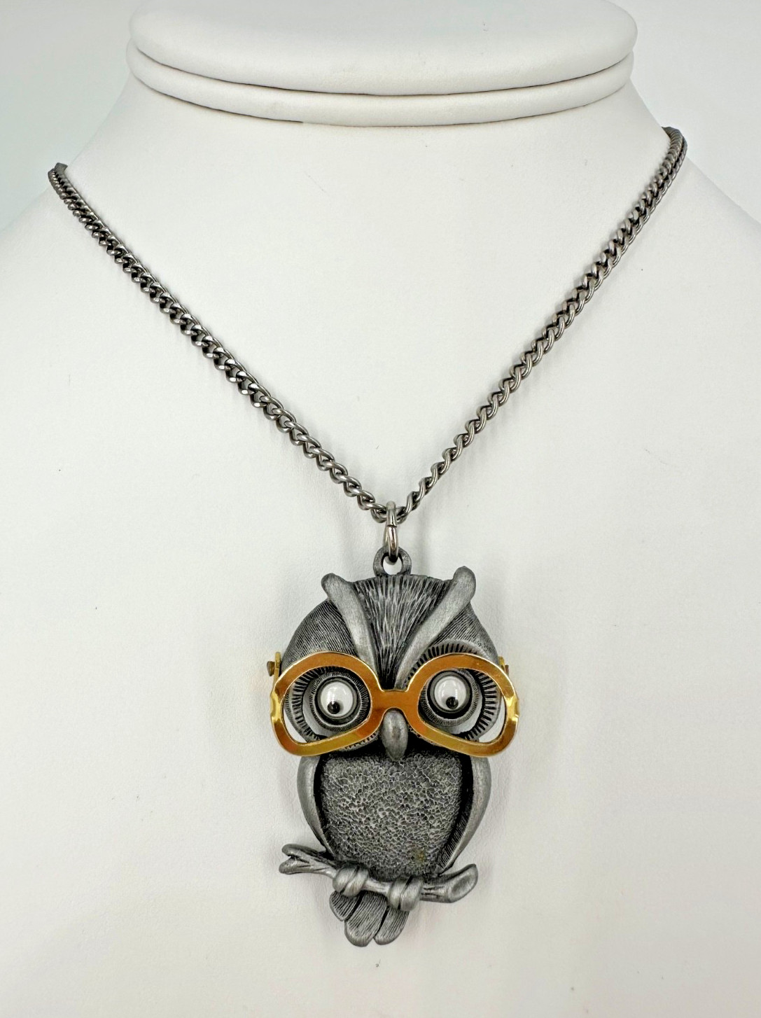 Vintage FAB Pewter Tone Googly Eyed Owl With Movable Eyeglasses Pendant Necklace