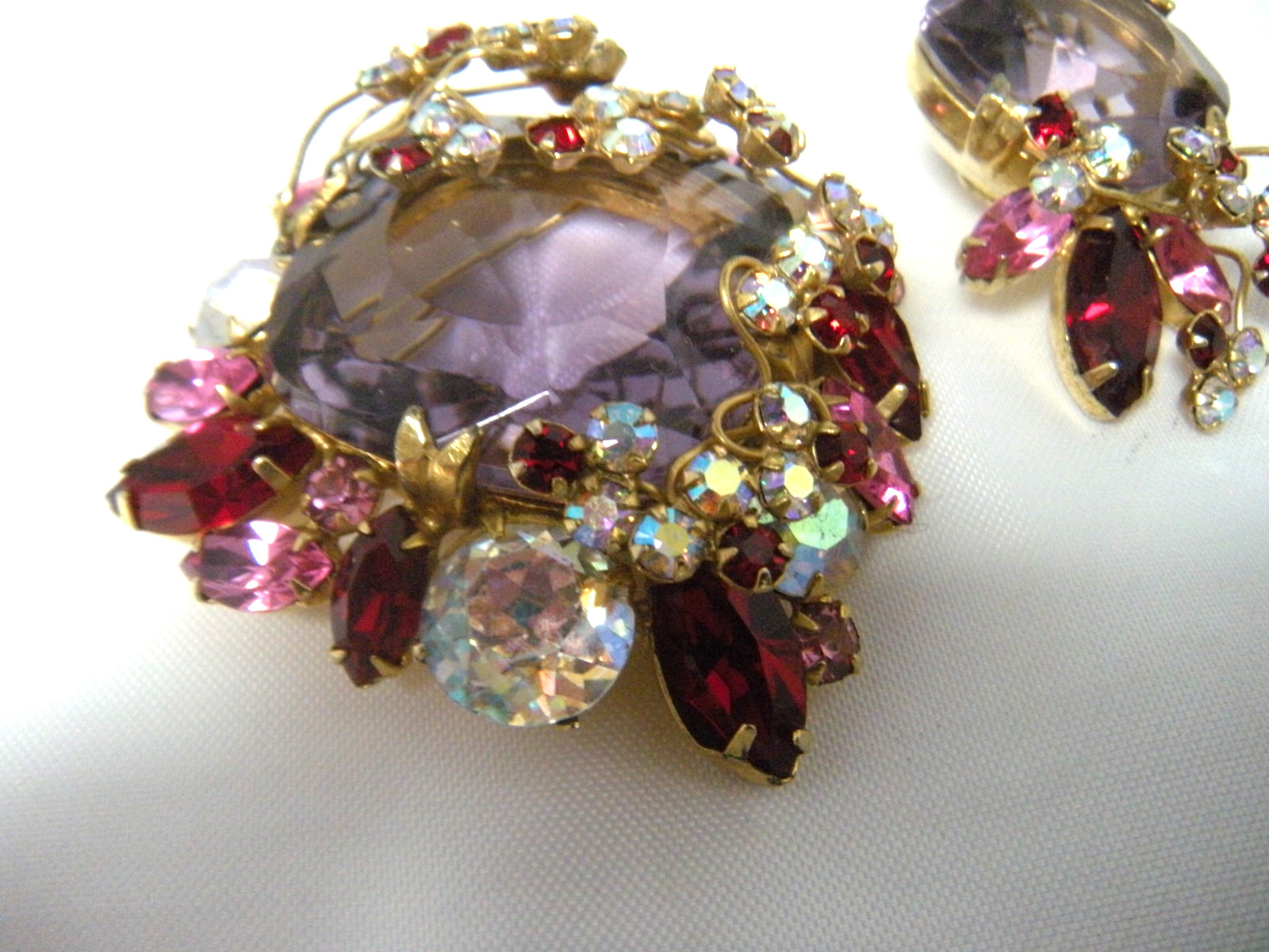JULIANA Purple Pink Red Rhinestone Vintage Brooch Earring Set