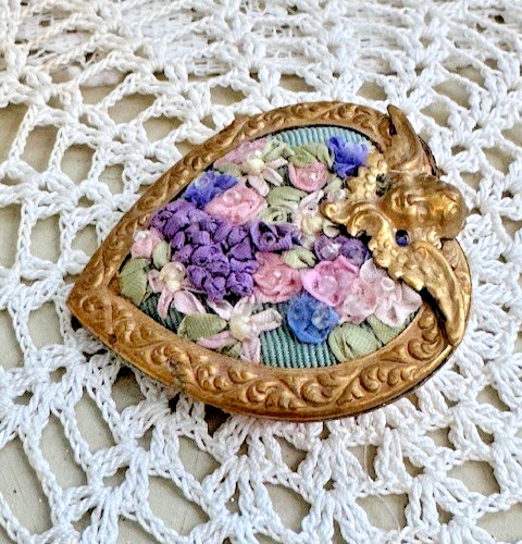 Vintage Hand Made Ribbon Embroidery Floral Heart Pin with Cherub Brooch 2 Inch