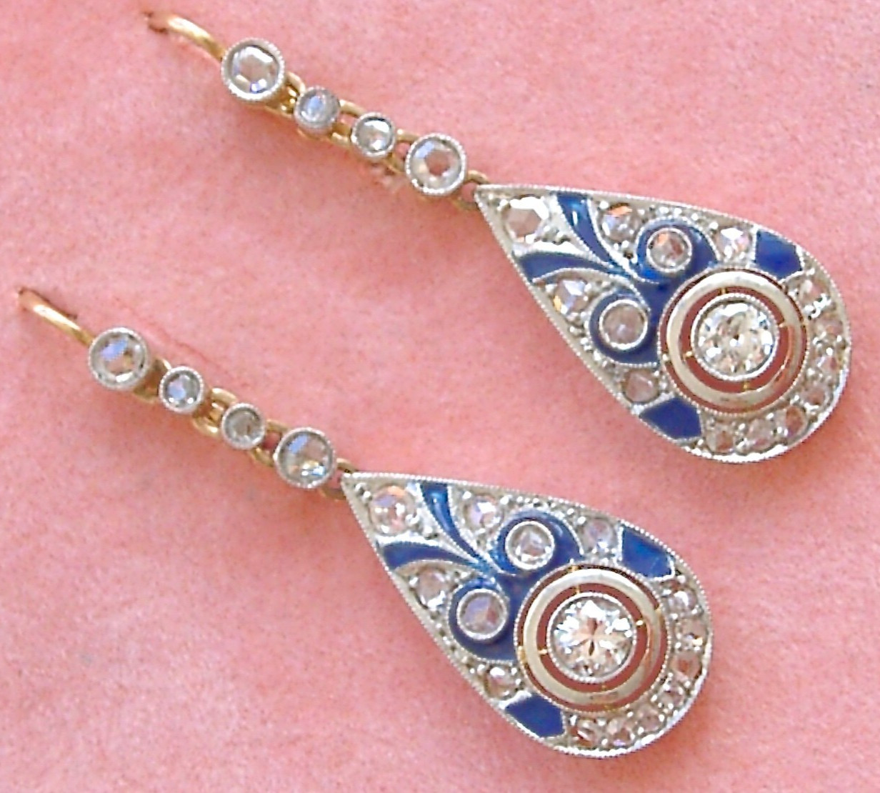 ART DECO 1.04 ctw EURO & ROSE DIAMOND BLUE ENAMEL 18K PLATINUM EARRINGS 1920