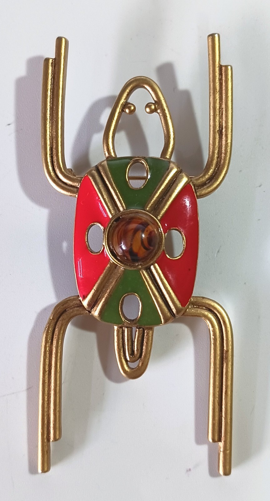 Vintage Gold-tone Insect Bug Brooch w/ Enamel Body & Translucent Cabochon