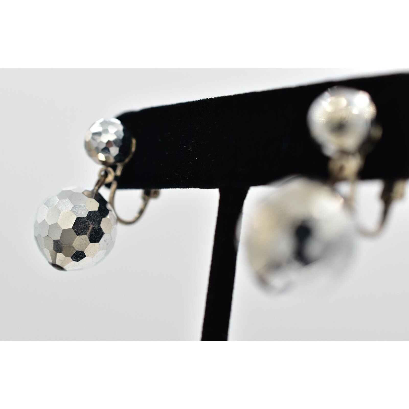 Vintage Crystal Clip On Earrings Silver Dangle Disco Ball Drop Glam 1950s A24