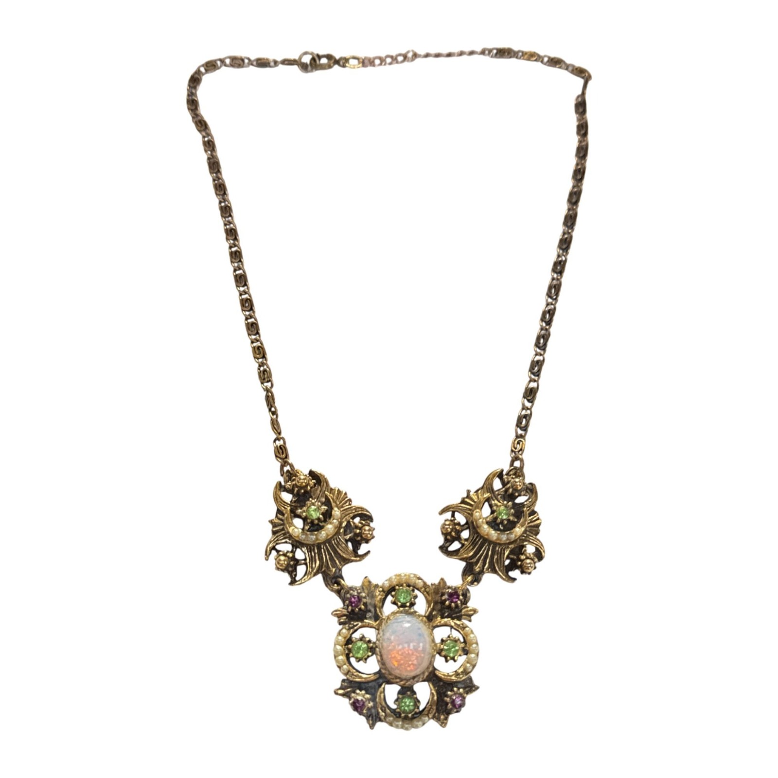Victorian Revival Faux Fire Opal Pearl Necklace Antique Style Gold Tone Statemen