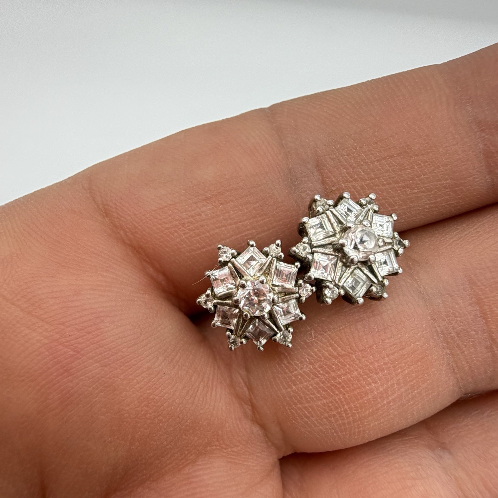 Vtg HSN Sterling Silver White Topaz Earrings Bezel Set Snowflake Starburst STS