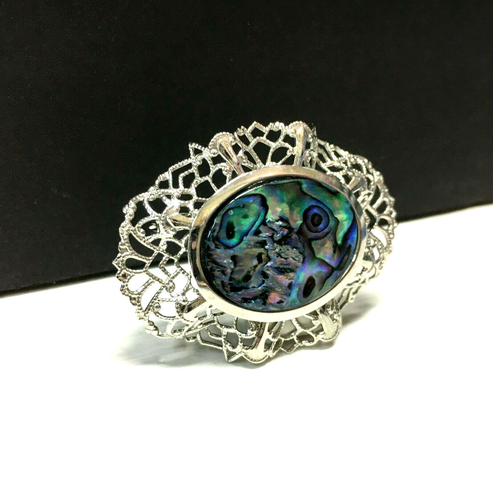 Vintage New Zealand Paua Shell ABALONE Brooch Oval Silver PL Lacy Bezel L54k