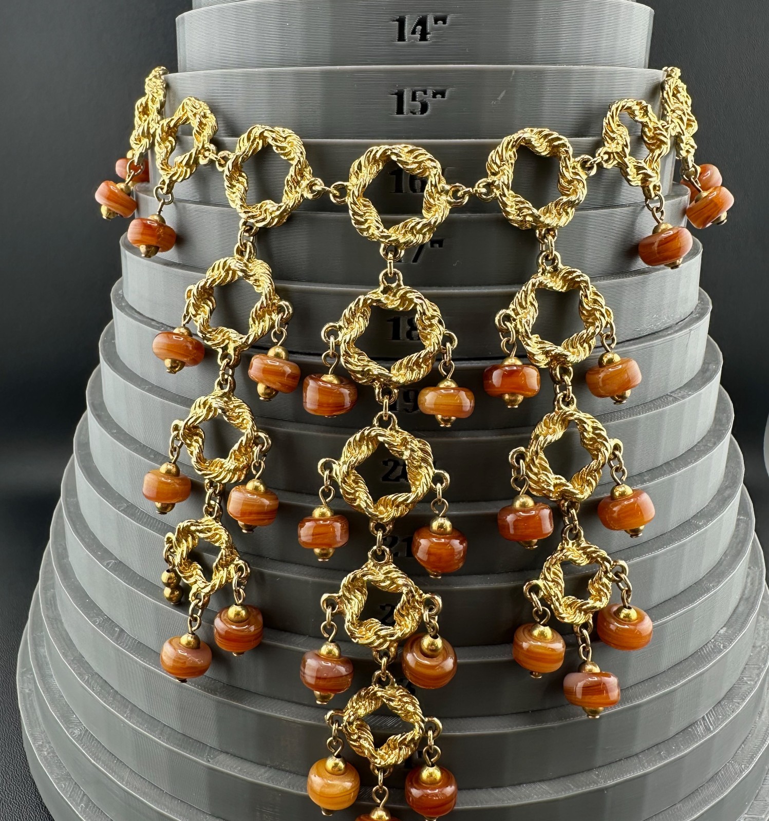 Vintage Statement Necklace Bib Fringe Hammered Gold Tone Link Agate Bead Dangles
