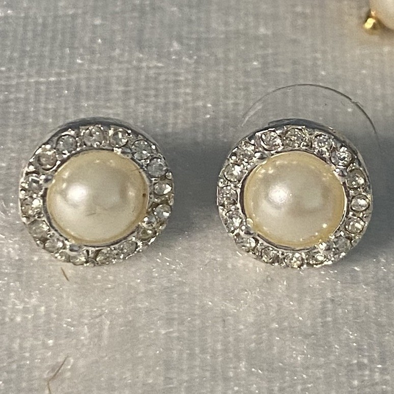 Estate Stud Earrings Faux Pearl Rhinestones Gold Tone Heart Round Oval
