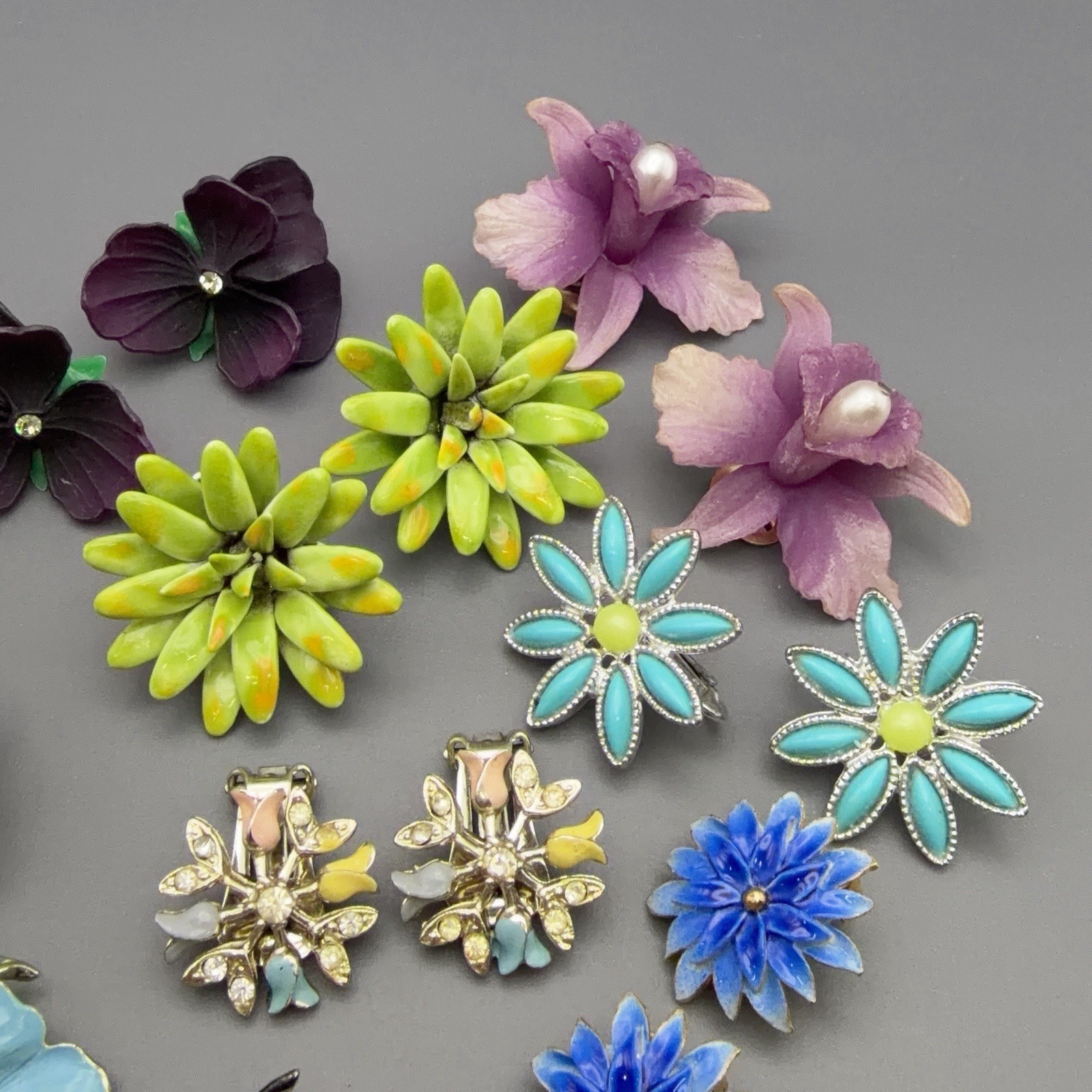 Vintage Flower Clip On Earrings Floral Lot Of 8 Orchid Pansies Tulip Multi Color