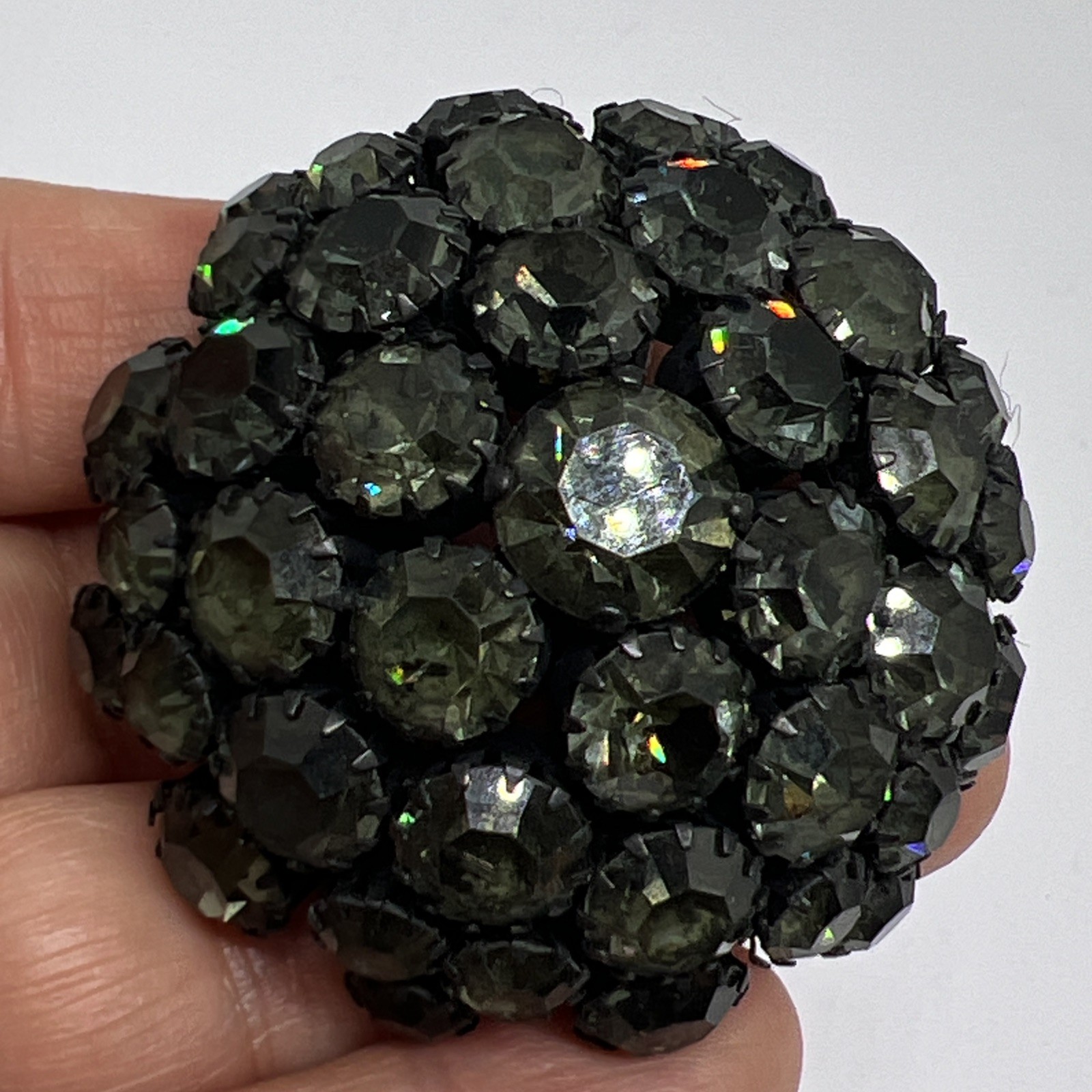Vintage Signed Warner Black AB Rhinestone Dome Cluster Round 1.9” Brooch Pin