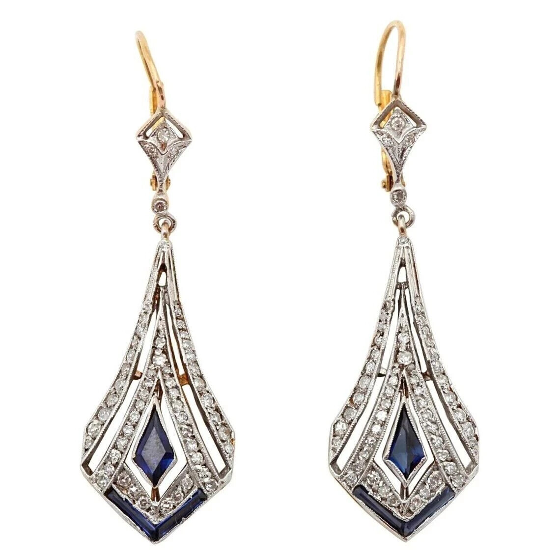 Vintage Art Deco Style Lab Created Sapphire & Diamond Engagement Silver Earrings