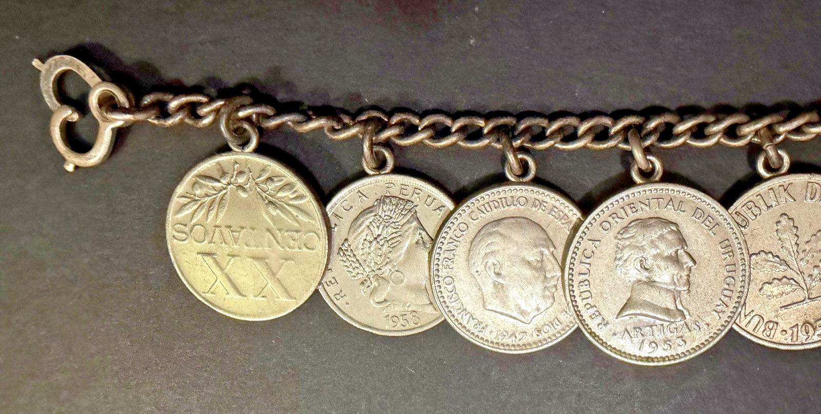 Vintage Foreign Coin Bracelet – 8 Coins – Circa 1950’s – 6″