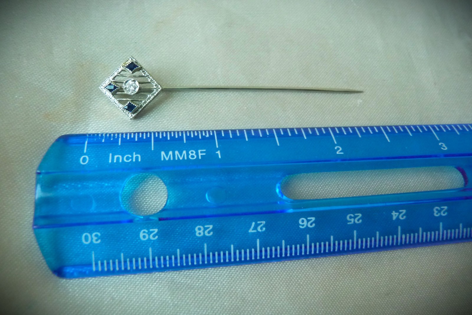 BEAUTIFUL ANTIQUE CIRCA 1920 18K WHITE GOLD DIAMOND SAPPHIRE STICK PIN BROOCH!